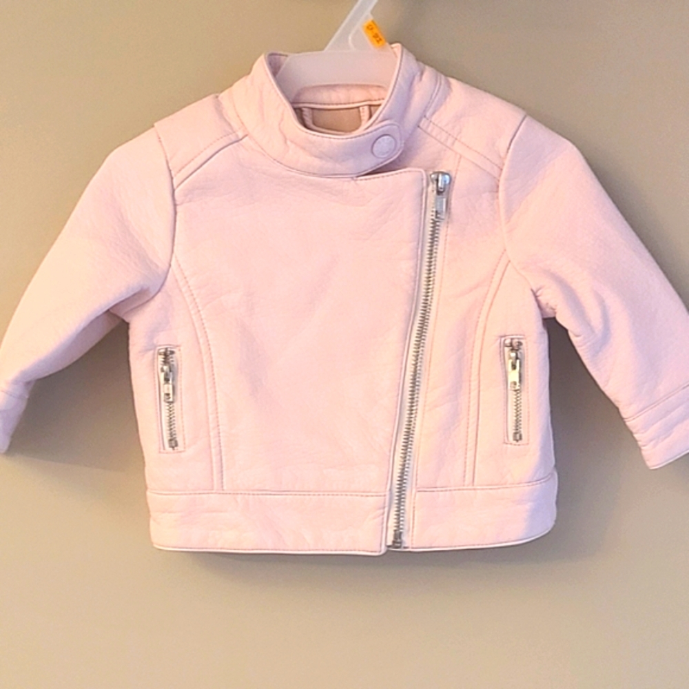Lined blush pink faux leather motorcycle jacket